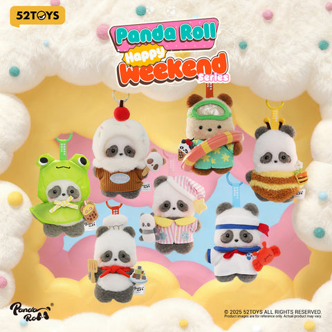 A vibrant group display showcasing the six standard panda plush designs and the tropical-themed secret chaser.