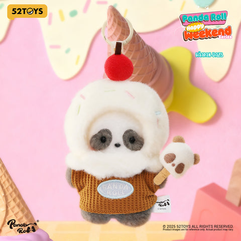 An ice cream-themed panda with a sprinkle-covered whipped cream hood and a cherry topper, holding a panda popsicle.