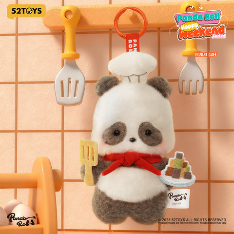 A culinary-themed panda wearing a tall white chef's hat and red tie, holding a spatula and a plate of waffles.