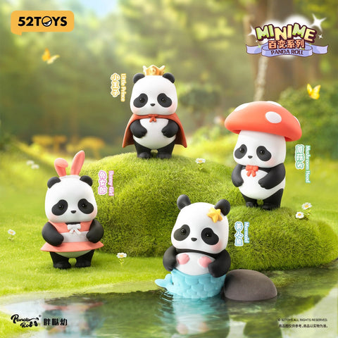 Four small panda figurines stand on a bright, grassy landscape. One panda wears pink bunny ears and a matching dress, another wears a tiny crown and red cape, a third stands under a large red mushroom cap with white spots, and a fourth appears as a blue-tailed mermaid beside a reflective pond.