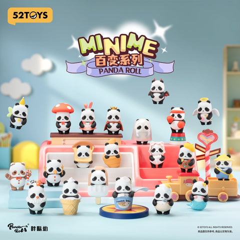 A full lineup of miniature panda figurines is arranged on tiered pastel shelves. Each panda wears a different costume, including a mushroom cap, bunny ears, ice-cream cone, popsicle body, angel wings, clown collar, chef outfit, and painter accessories, all set against a soft blue room background.