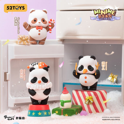 Three panda figurines stand in a frosty refrigerator-themed scene. One resembles a gingerbread cookie holding a candy cane, another wears a clown hat and ruffled collar on a small pedestal, and the last appears as a snowman panda with an orange carrot nose, buttons, and raised stick-like arms.