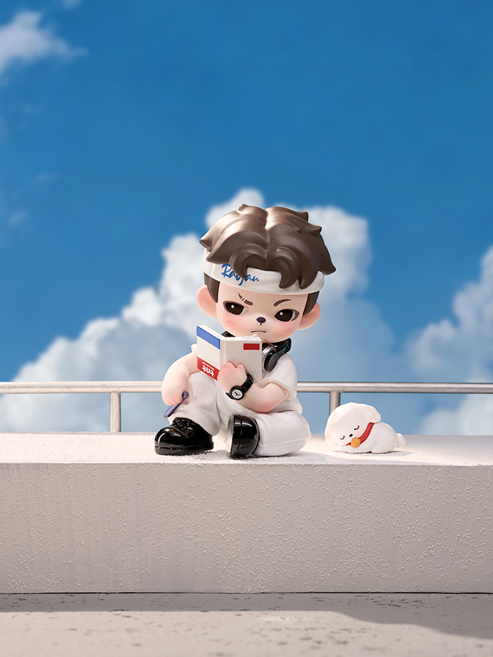 A figure sits on a rooftop ledge with a blue sky and clouds behind. Wearing a white headband and matching clothes, it reads a small book and holds a pen, with a sleeping white plush nearby.