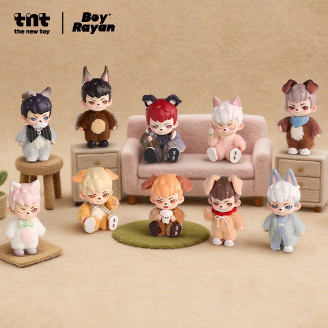 A comprehensive group arrangement of the Rayan: No Puppies No World series, featuring all nine standard characters and the red-haired secret chaser staged together with miniature furniture including a pink sofa, wooden stools, and small dressers in a warm domestic setting.