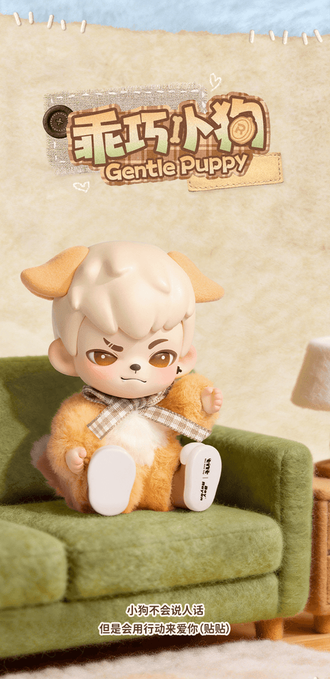 Rayan in a beige puppy suit with a brown-and-white plaid bow tie, sitting on a green sofa.
