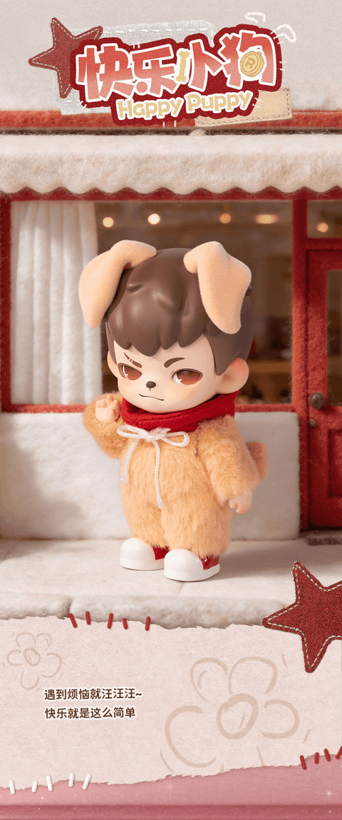 Rayan wearing a fuzzy light-orange puppy suit with floppy ears and a white bow, standing in a cozy room setting.