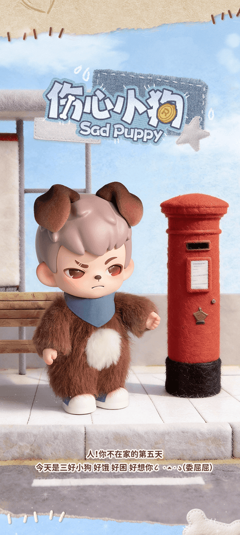 Rayan in a brown puppy suit with a blue bandana, standing at a bus stop next to a red post box with a somber expression.