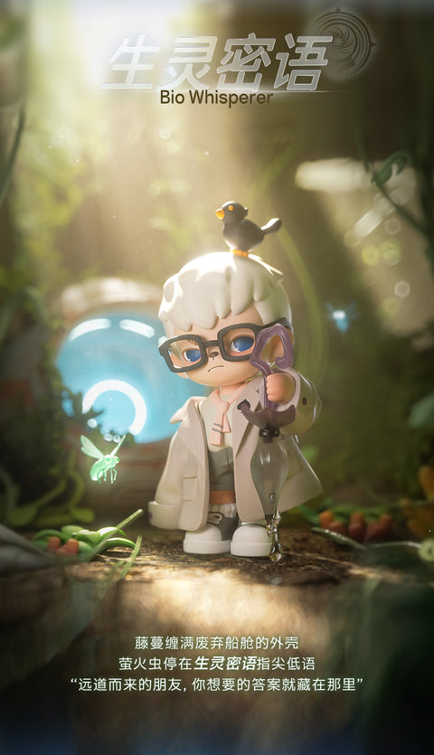 Rayan with messy white hair and black-rimmed glasses, holding an inverted, crystal-tipped umbrella device under a sunlit jungle canopy. A small black bird rests on his head while a bioluminescent green insect hovers nearby.