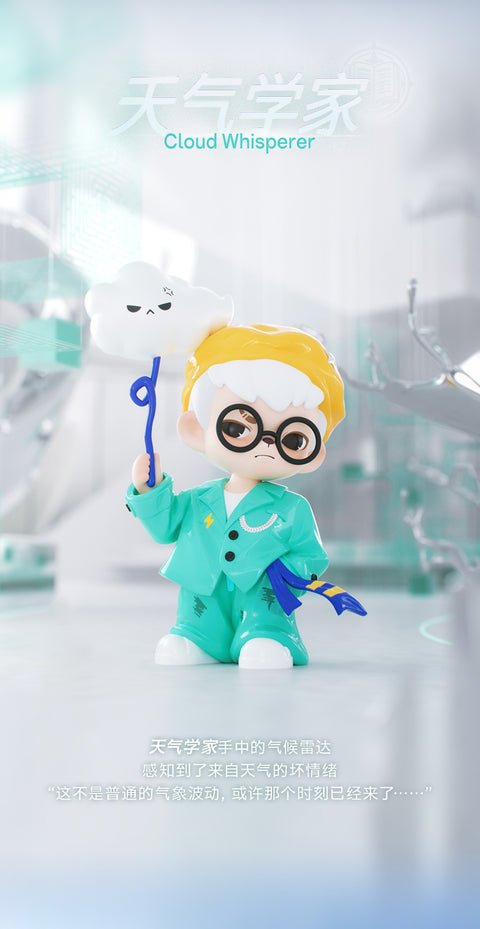 Rayan styled as a quirky meteorologist in a bright teal suit jacket, round spectacles, and a yellow beanie. He holds a twisting blue wire tethered to a floating, visibly angry white storm cloud.