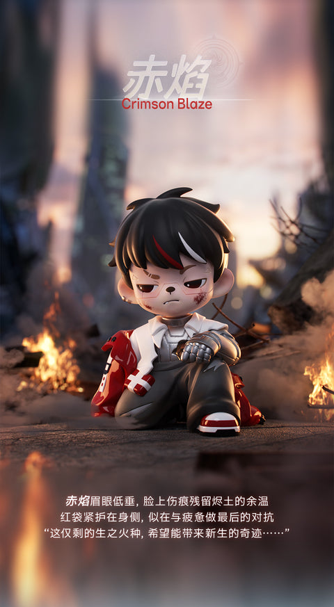 A battle-worn Rayan with black hair and a single red streak kneeling among fiery post-apocalyptic ruins. He features dirt smudges on his face, red-tinted eyewear, and a fully articulated metallic cybernetic left arm.