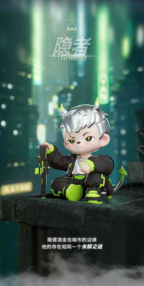 The rare "The Hermit" hidden chaser figure featuring Rayan with metallic silver hair, neon green horns, matching glowing eyes, and a cybernetic tail. He is dressed in black and neon green tactical streetwear, sitting on a dark building ledge holding a futuristic rifle against a misty cyberpunk cityscape.