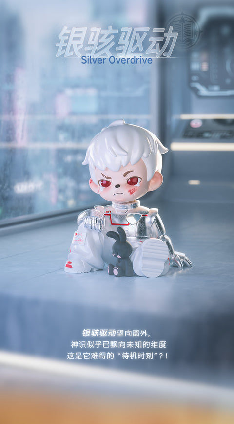 Rayan sitting flat on a futuristic chrome bay floor inside a high-gloss metallic silver astronaut suit. He features stark red irises with painted tear markings and sits next to a tiny black plush bunny companion.