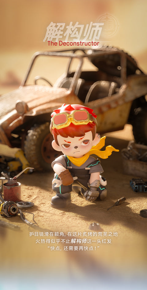 Rayan with fiery red hair and golden-framed engineering goggles on his forehead, crouching on a parched desert wasteland floor. He wears a heavy work apron, a yellow neck scarf, and holds a metal wrench next to a rusted off-road buggy.