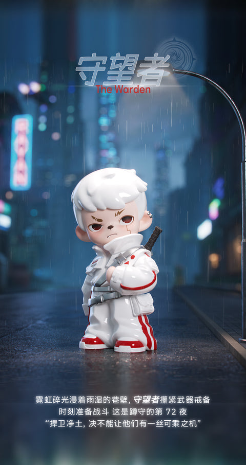 Rayan standing under a lone streetlamp in a rain-slicked cyberpunk alleyway. He wears a stark white tactical trench coat with crimson stripes and has a mechanical sword hilt strapped over his shoulder.