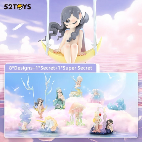 Promotional image for a 52TOYS blind box toy series featuring pastel-colored, fantasy-inspired figurines. The top half shows a serene fairy-like character with long dark hair sitting on a yellow crescent moon swing, set against a dreamy pink and purple sky. The lower half displays all collectible figures arranged on clouds, with 8 main designs and 2 secret figures. Each character has unique elements like wings, aquatic features, or celestial accessories, evoking themes of nature, dreams, and magic.