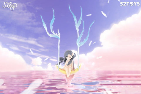 A serene 52TOYS Sleep series figurine sits peacefully on a crescent moon swing suspended above a dreamy pink ocean. The character, with long flowing black hair and closed eyes, appears calm and content. Wispy blue branches hold the swing, while soft white feathers float through the pastel sky, enhancing the tranquil, ethereal mood of the scene.