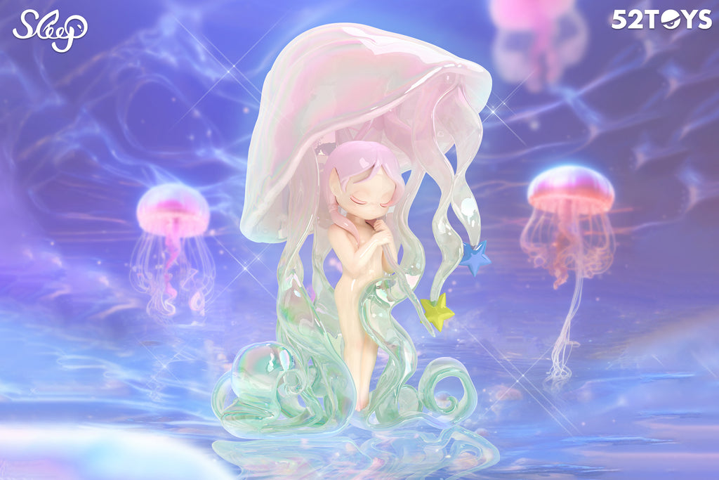 A dreamy underwater-themed image from 52TOYS’ Sleep series featuring a delicate figurine with closed eyes and soft pink hair, gently embraced by translucent jellyfish tentacles. The jellyfish’s iridescent dome acts as a canopy over the figure, with stars attached to its tendrils. The background glows in purples and blues, with luminous jellyfish drifting in the distance, creating a serene, magical ocean atmosphere.