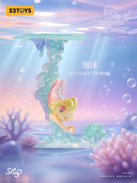 A whimsical elf with blonde hair styled in soft waves emerges gracefully through a vertical cascade of shimmering translucent bubbles. The figure, dressed as a mermaid, arcs playfully toward the surface while holding a tiny orange object. Coral reefs and glowing ocean hues surround the scene, creating a fantasy underwater dreamscape brimming with lightness and imagination.