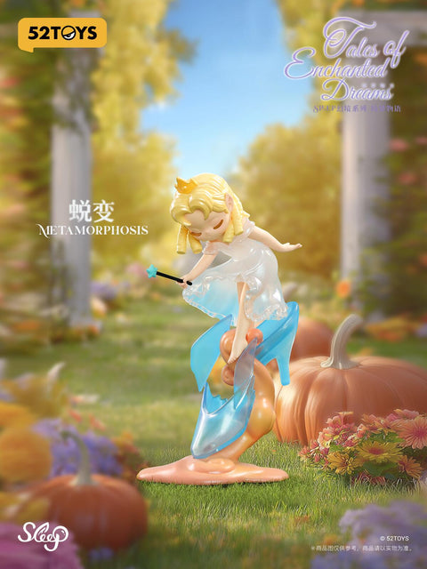A fairy-like elf with golden hair and a crown transforms magically while standing in a pumpkin-filled meadow, her lower body melting into a swirling, translucent form. She lifts a wand gracefully as flowing blue fabric trails upward, glowing with enchantment. Pumpkins, flowers, and warm sunlight enhance the autumnal atmosphere of transformation, change, and magical metamorphosis.