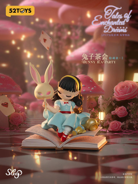 A whimsical girl in a blue dress sits cross-legged on an open book as glowing cards float around her. She wears a red ribbon, holds a rabbit mask, and is surrounded by oversized mushrooms and pink roses under warm golden light. The enchanting diorama evokes Alice-in-Wonderland fantasy with charm, mystery, and playful storytelling.