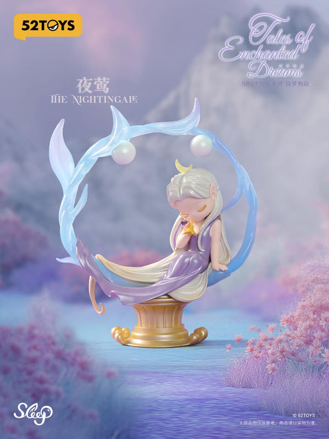 An elegant elf with long silver hair rests gracefully on a golden pedestal seat framed by crescent-like translucent wings, glowing softly with pearlescent details. The figure holds a star, surrounded by lavender fields and a pastel sky, evoking the beauty of a nightingale’s song in a mystical, dreamlike world of serenity and grace.