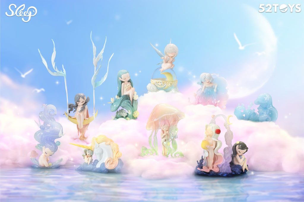 Fantasy-themed promotional image from 52TOYS’ “Sleep” blind box series featuring ten dreamy figurines posed on soft pink clouds above a shimmering water surface. Each character has a unique design inspired by elements like moons, stars, jellyfish, unicorns, or waves, with flowing hair and delicate poses. The pastel color palette and celestial background with a glowing moon and flying birds evoke a peaceful, ethereal dream world.