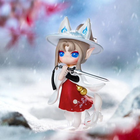 The Snow Mountain Flying Fox Suri standing in a winter landscape, wearing a fox-eared hat and holding a sleek silver sword.