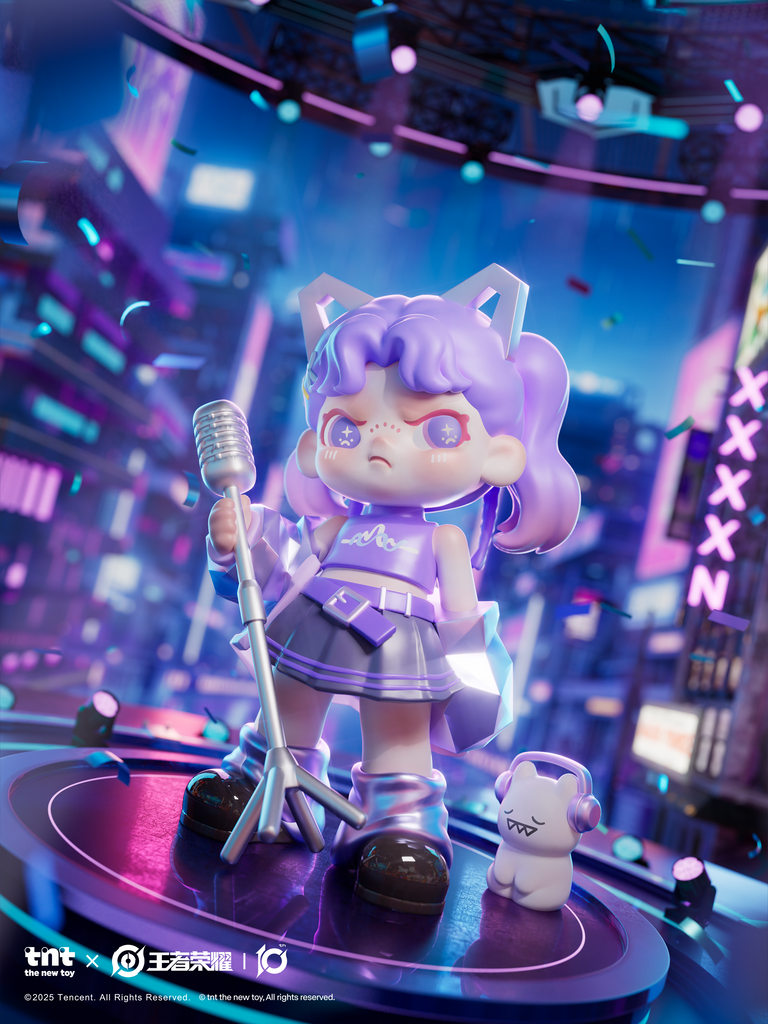 A purple-haired figure with cat-ear headphones stands on a neon-lit concert stage holding a microphone. Surrounded by confetti and stage lights, the character wears a metallic purple outfit with matching boots, expressing confident stage presence.