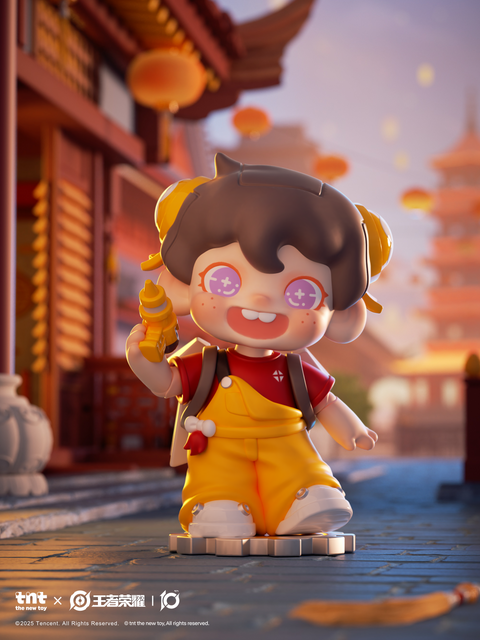 A boyish figure dressed in red and yellow overalls holds a tool resembling a drill. He stands in a lively traditional street filled with lanterns and warm golden light, blending festival charm with playful expression and animated pose.