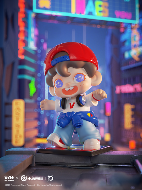 A cheerful figure in a white shirt, blue pants, and red cap stands on a city rooftop. Surrounded by neon lights and futuristic signs, the character smiles widely while balancing on a black base, exuding energetic, playful energy.