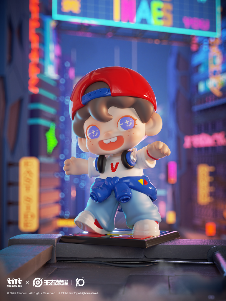 A cheerful figure in a white shirt, blue pants, and red cap stands on a city rooftop. Surrounded by neon lights and futuristic signs, the character smiles widely while balancing on a black base, exuding energetic, playful energy.