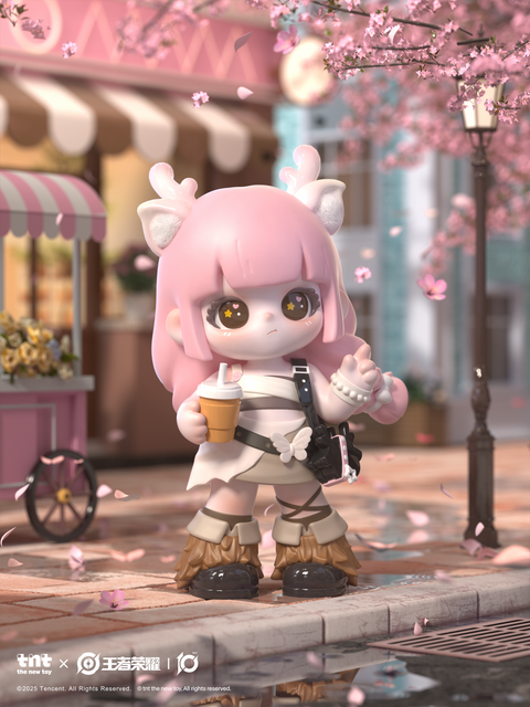 A pastel pink character with deer-like ears stands under cherry blossoms holding a drink. Wearing white and beige clothes with layered textures and boots, the figure stands on a reflective cobblestone path with petals drifting in the air.
