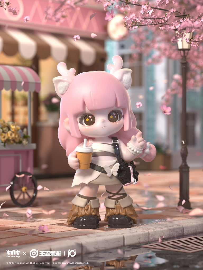 A pastel pink character with deer-like ears stands under cherry blossoms holding a drink. Wearing white and beige clothes with layered textures and boots, the figure stands on a reflective cobblestone path with petals drifting in the air.