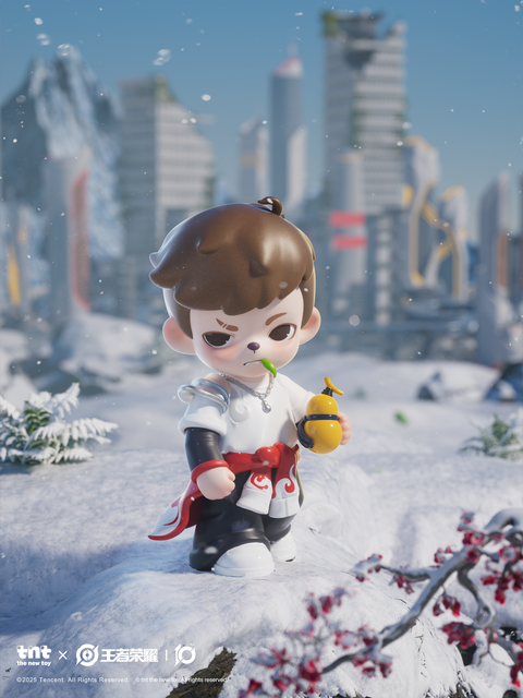 A serious-looking figure stands in a snowy landscape with futuristic buildings in the distance. Wearing white and black clothing with red accents, the character holds a yellow gourd and a green leaf, symbolizing calm strength amid falling snow.