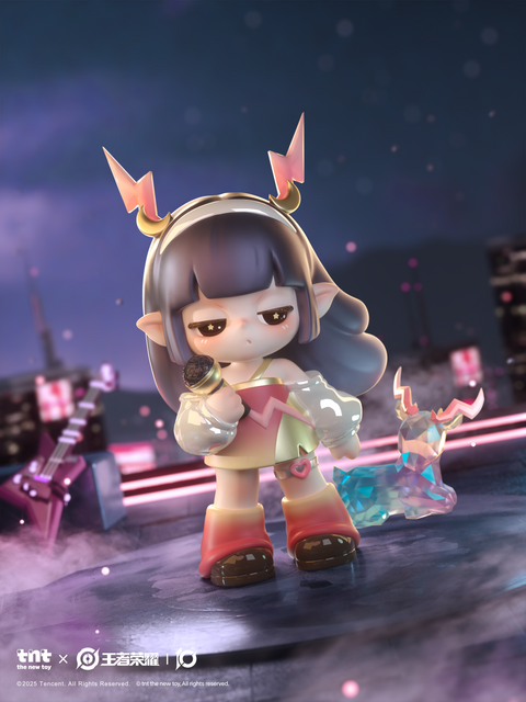 A lavender-haired character dressed as a starry wizard sits among clouds with a rainbow-striped cat companion. The figure wears a shimmering hat with a green star and translucent layered clothing, surrounded by glowing crystals and floating lights.