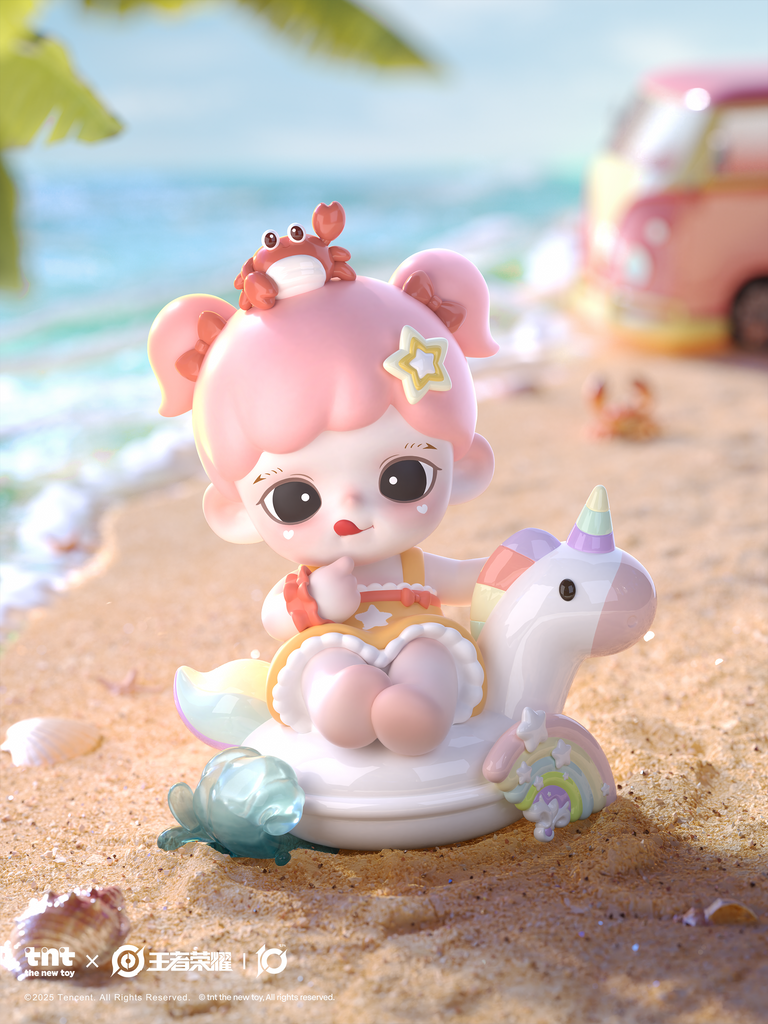A pink-haired figure sits on a sandy beach holding a drink, surrounded by seashells and soft waves. The toy wears a yellow swimsuit and sits on a pastel unicorn float, with a tiny red crab perched on its head under warm sunlight.