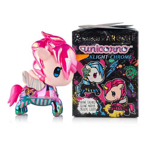 A promotional cover image for the Tokidoki Arcane Unicorno Blacklight Chrome Series blind box. The artwork displays Arcane-inspired Unicorno characters illustrated with vivid neon highlights, metallic chrome textures, and blacklight-reactive accents, arranged against a dramatic high-contrast background.