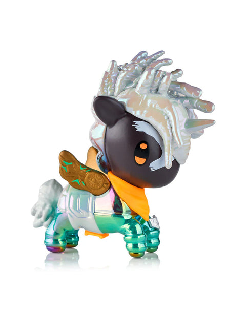 A Tokidoki Arcane Unicorno figure inspired by Ekko stands on a white background. The design features Ekko’s teal-streaked hair, face markings, stitched clothing textures, and metallic chrome armor elements. Engraved lines and segmented details reinterpret Arcane aesthetics into the Unicorno body shape.