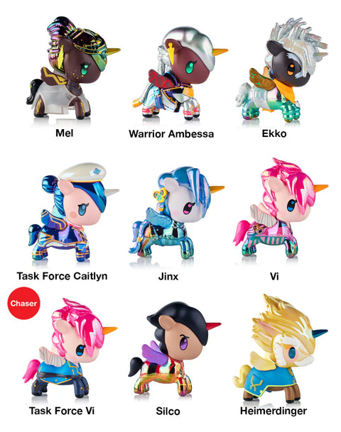 A full lineup of figures from the Tokidoki Arcane Unicorno Blacklight Chrome Series is arranged in rows. Each Unicorno represents an Arcane character with chrome accents, neon palettes, stylized sculpted elements, and blacklight-reactive markings, displayed together as a complete collection.