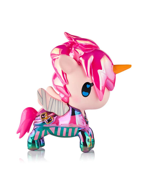 A chrome-finished Unicorno figure styled as Vi stands with bright pink sculpted hair, an orange horn, and teal-striped armor with metallic accents. Her wings resemble small gray fins, and her hooves are dark navy blue. The reflective surface shows shifting colors across her legs and body.