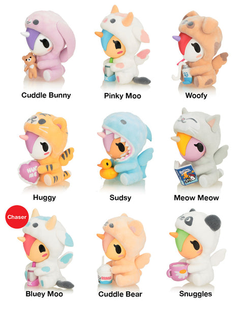 A complete character roster for the Tokidoki Cozy Unicorno series, showing all 8 standard figures in their flocked animal onesies (Cuddle Bunny, Pinky Moo, Woofy, Huggy, Sudsy, Meow Meow, Cuddle Bear, Snuggles) and identifying the rare 1:48 "Chaser" figure, Bluey Moo.