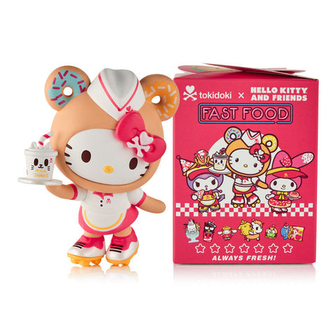 A bright pink blind box featuring Hello Kitty in a roller-skating carhop uniform, with character art for Kuromi and My Melody and a checklist showing the eight standard figures in the collection.