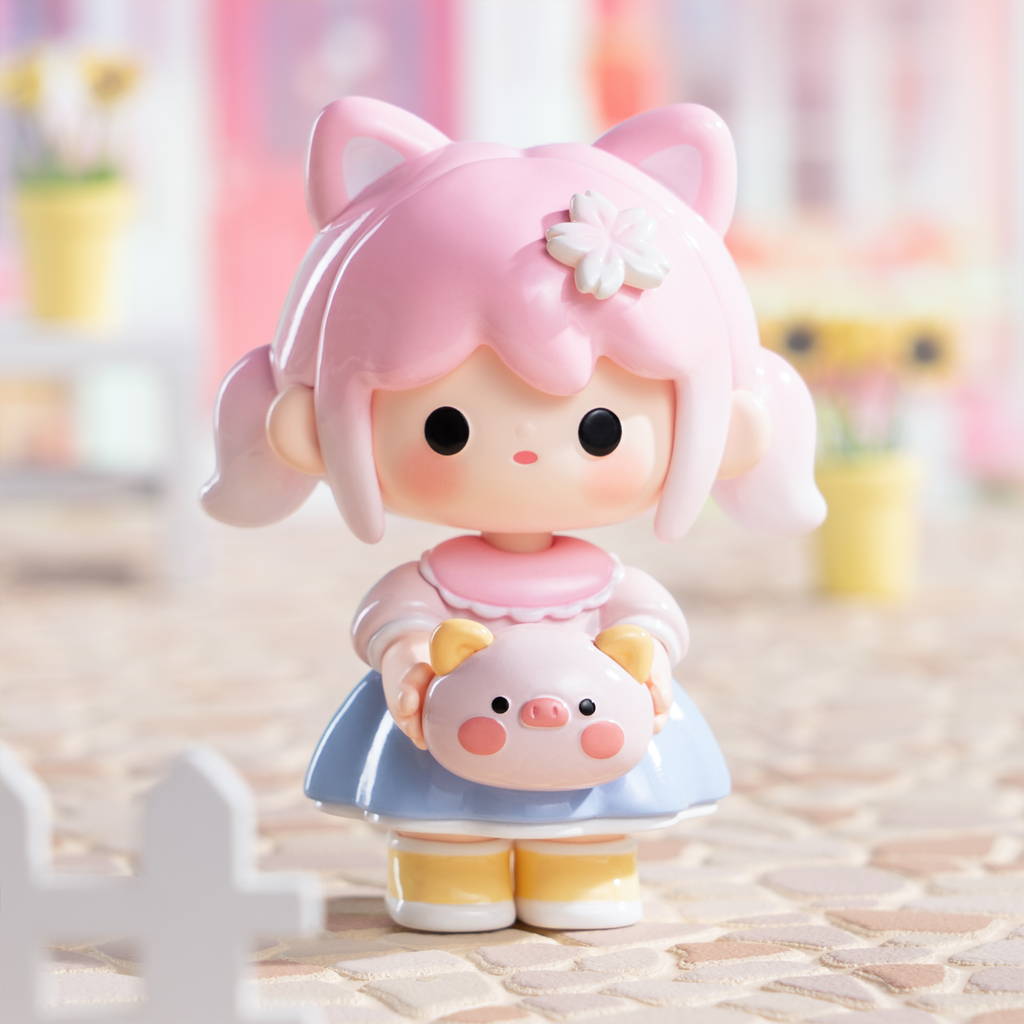 A pastel pink-haired girl with cat ears styled like a blossom wears a blue skirt, yellow shoes, and a pink collar. She holds a piglet-like companion with round cheeks and perked ears. A cherry blossom accessory rests on her hair, enhancing the sweet, springtime-inspired fantasy design.