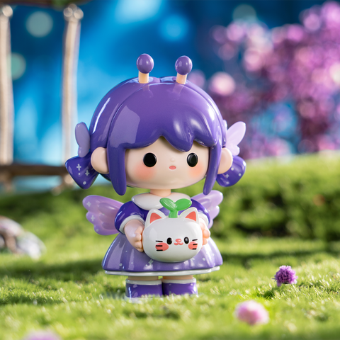 A purple-haired girl with antenna-like hair buns and translucent wings wears a starry purple dress. She holds a round white cat companion sprouting a green leaf on its head. Set against a moonlit garden backdrop, this whimsical night spirit glows with enchanting, dreamy fairy energy.