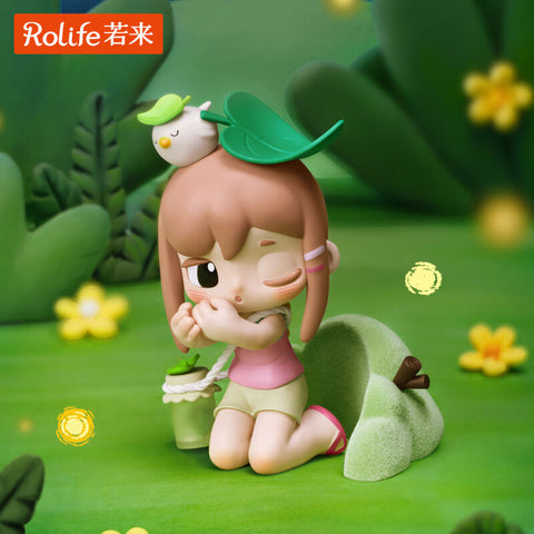 A girl kneels in a lush meadow at night with a green drink and leaf hat, winking as a tiny bird rests on her head. Fireflies glow softly around her while she clutches her hands together in wonder. The figure captures a magical, nature-lit summer evening moment full of warmth and whimsy.