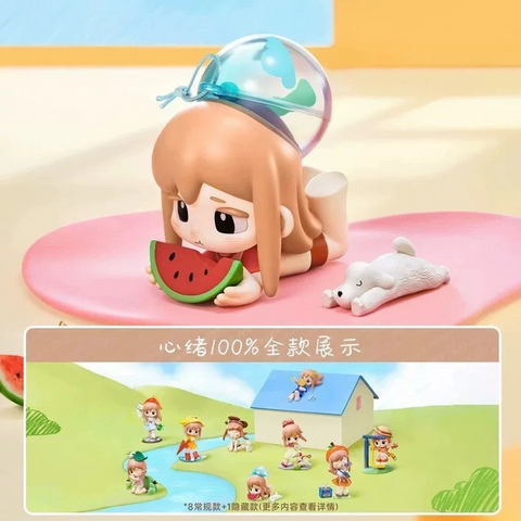 Display of the Yozco Mood Diary Series Blind Box collection, showing 8 regular figures plus 1 hidden chaser. Each figure depicts a girl in whimsical everyday summer moods like eating watermelon, chasing fireflies, or jumping in puddles, styled in pastel diorama backdrops.