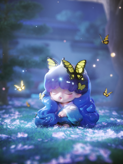 A serene blue-haired figure sits beneath falling petals as golden butterflies flutter around, their glow illuminating her peaceful face. The scene captures a dreamlike calm in a moonlit garden, merging fantasy and stillness in the ethereal Yumo: Strange Stories About Dreams world.
