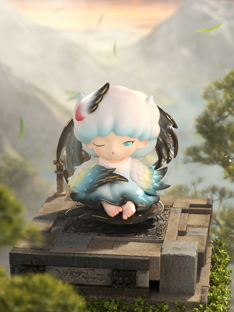 A mystical figure with white hair and black-feathered wings perches on an ancient stone platform, eyes half-closed under a warm sunset. The gentle mix of cloud-like hair and glossy wings evokes quiet power and grace, blending fantasy and folklore in Yumo’s dream realm.