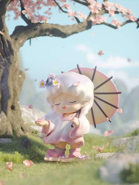 A pastel-haired spirit in a pink kimono stands under a blooming cherry tree, holding a parasol as petals swirl through the light. The moment feels timeless, capturing renewal and nostalgia in the soft, painterly tones that define Yumo’s ethereal dream storytelling.