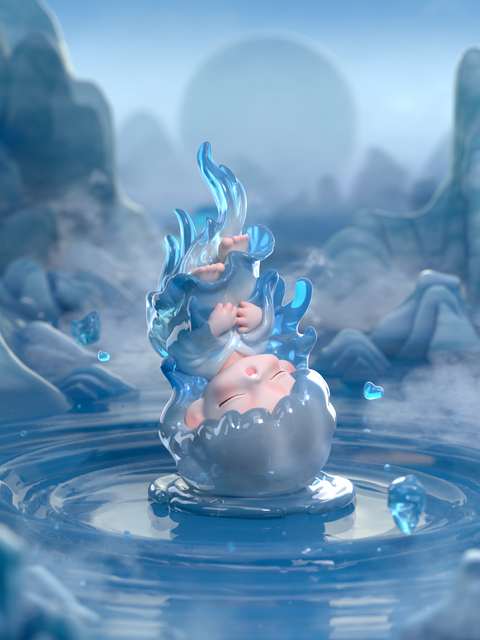 A childlike figure emerges from shimmering blue waves, upside down in a delicate swirl of translucent water. The scene captures fluidity, balance, and renewal, glowing with surreal calm that evokes the drifting, meditative flow of Yumo’s Strange Stories About Dreams.